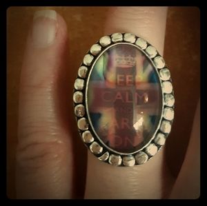 New Unique KEEP CALM AND CARRY ON 925 Silver Glass Ring.